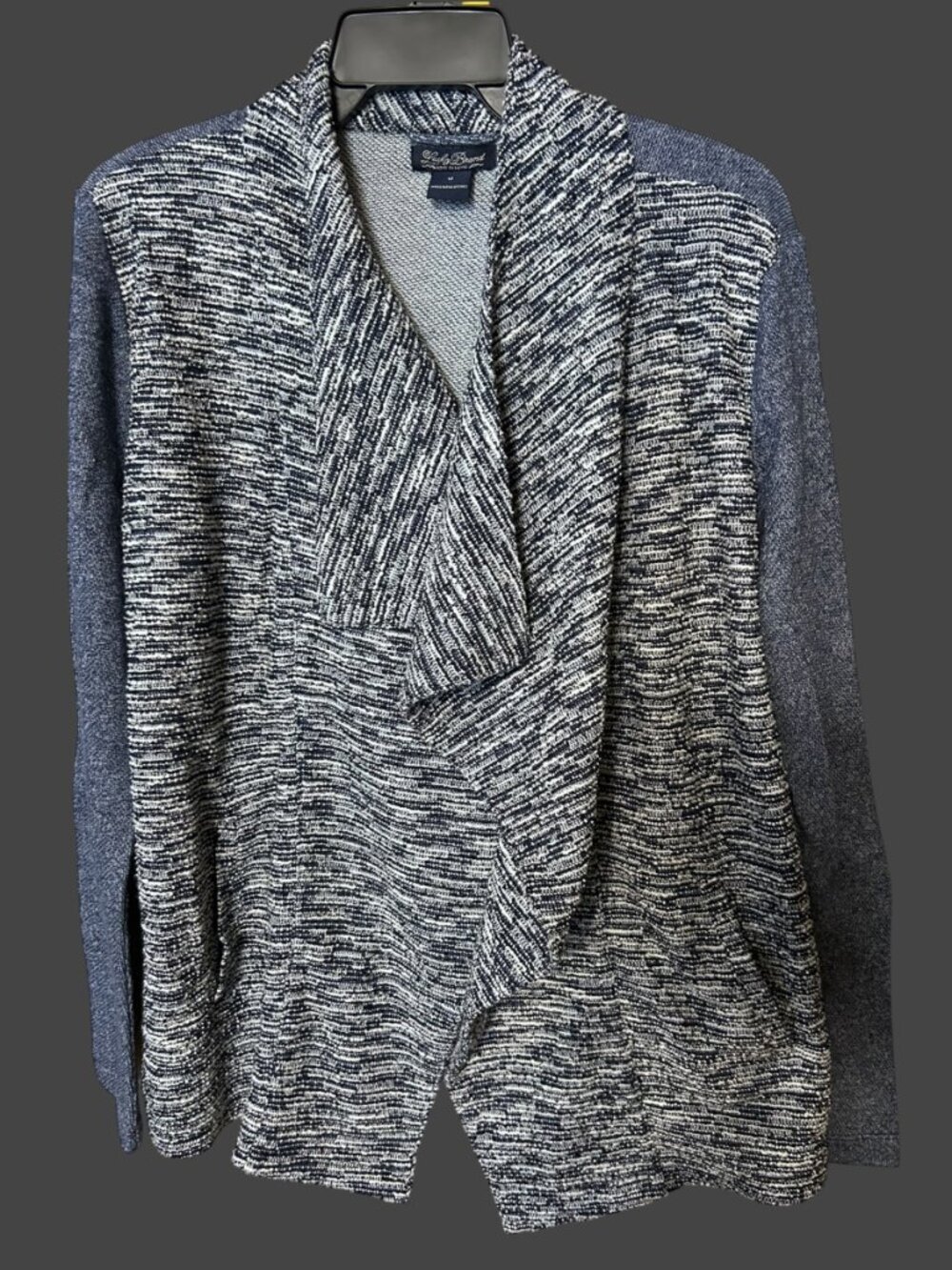 Lucky Brand Open Front Draped Cardigan M Marled Navy Blue White Shawl Collar Kni - Picture 2 of 7
